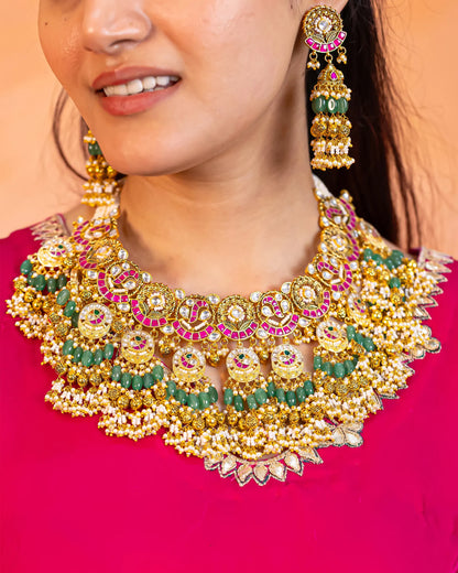 Traditional Kundan Choker Set, Gold Plated Bridal Necklace, Green Bead Earrings Jewelry Gift