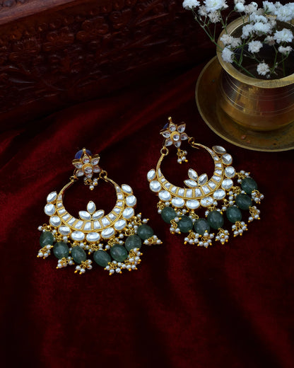 Bridal Jadau Chandbali Earrings with Pearls Green Beads