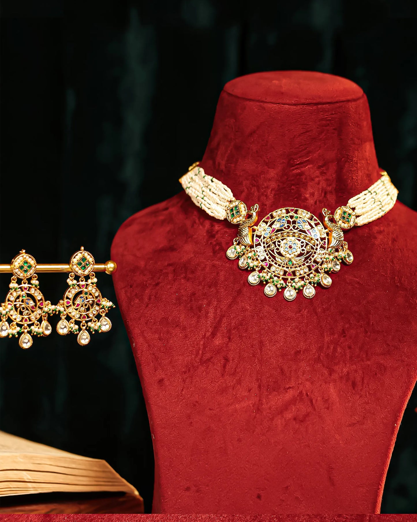 Multicolor Kundan Choker Set with Pearls, Indian Necklace & Earrings for Bride