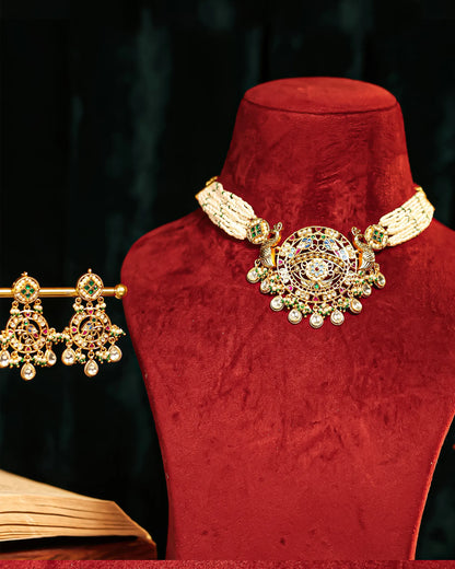 Multicolor Kundan Choker Set with Pearls, Indian Necklace & Earrings for Bride