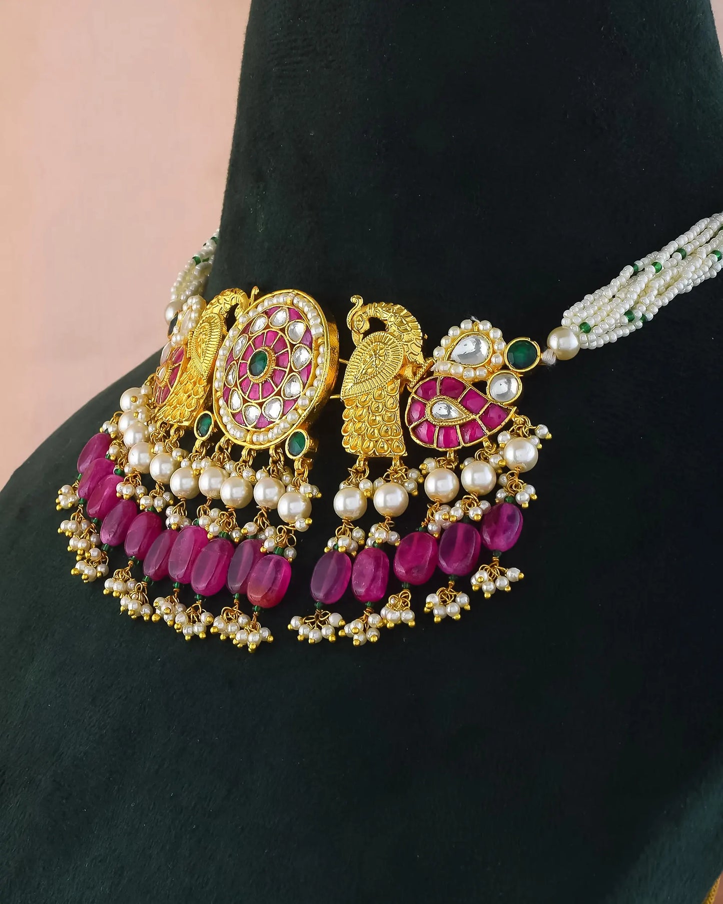 Kundan Peacock Choker Set with Pink Beads & Pearls – Ethnic Indian Jewelry