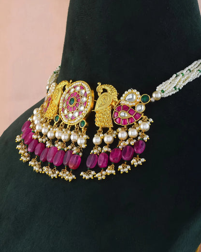 Kundan Peacock Choker Set with Pink Beads & Pearls – Ethnic Indian Jewelry