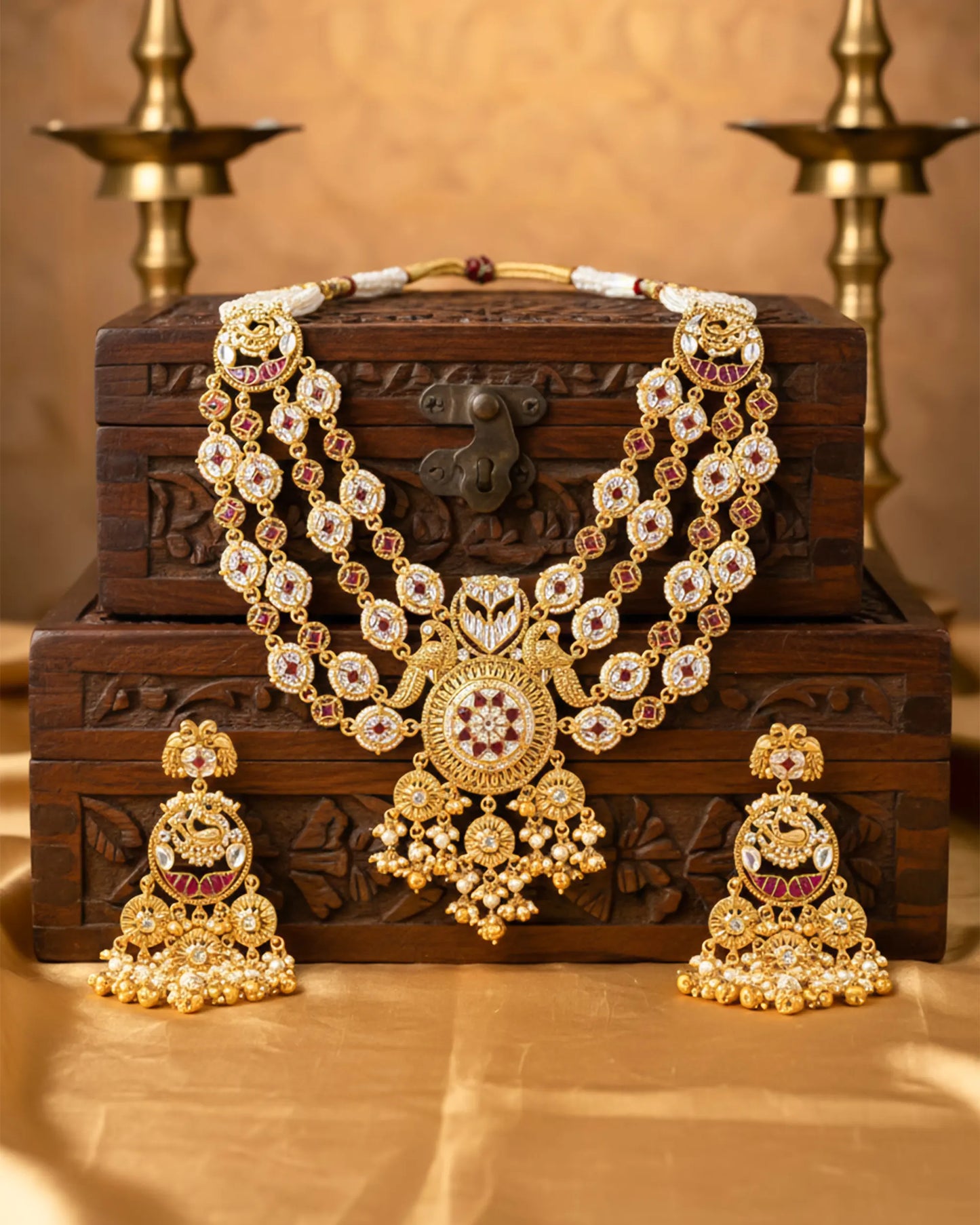 Multi-Layer Pearl Kundan Necklace Set – Gold Plated Ethnic Bridal Jewelry