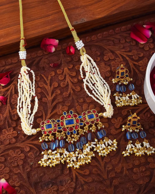 Handcrafted Kundan Choker Set Jewelry, Red & Blue Stone, Pearl Necklace