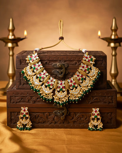 Indian Kundan Pearl Necklace Earrings Set, Green Gold Bridal Jewelry
