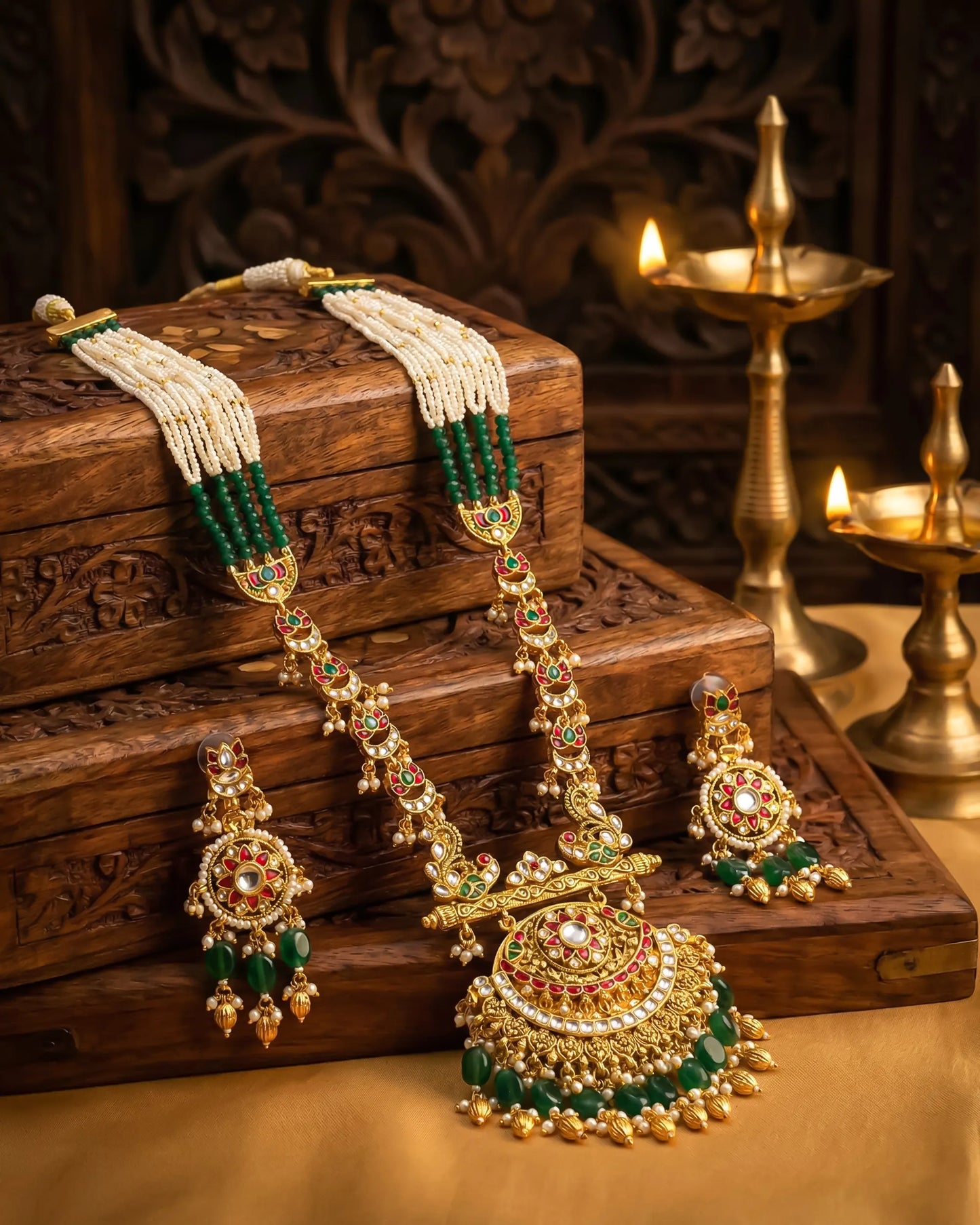 Kundan Necklace Set, Green Beads, Gold Choker, Bridal Wedding Jewelry