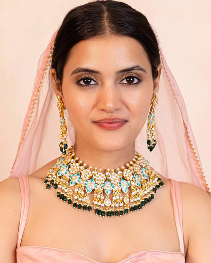 Aqua Blue Kundan Choker Necklace Set, Pearl Beads and Earrings Jewelry