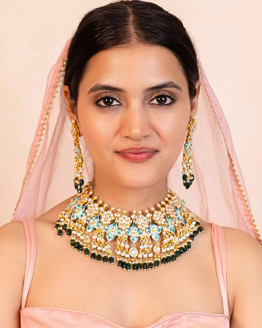 Aqua Blue Kundan Choker Necklace Set, Pearl Beads and Earrings Jewelry