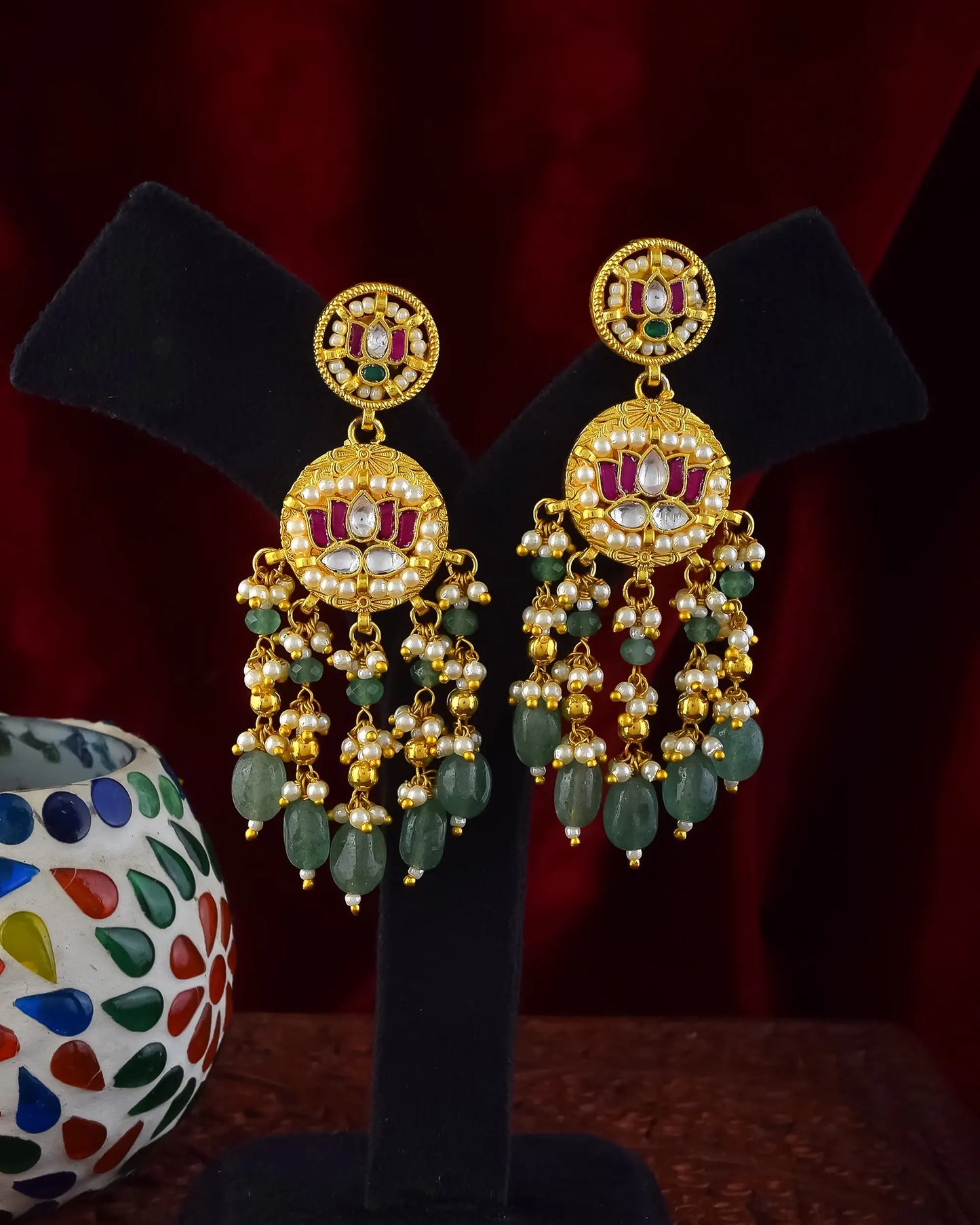 Kundan Choker Necklace Set, Green Bead & Pearl Indian Wedding Jewelry