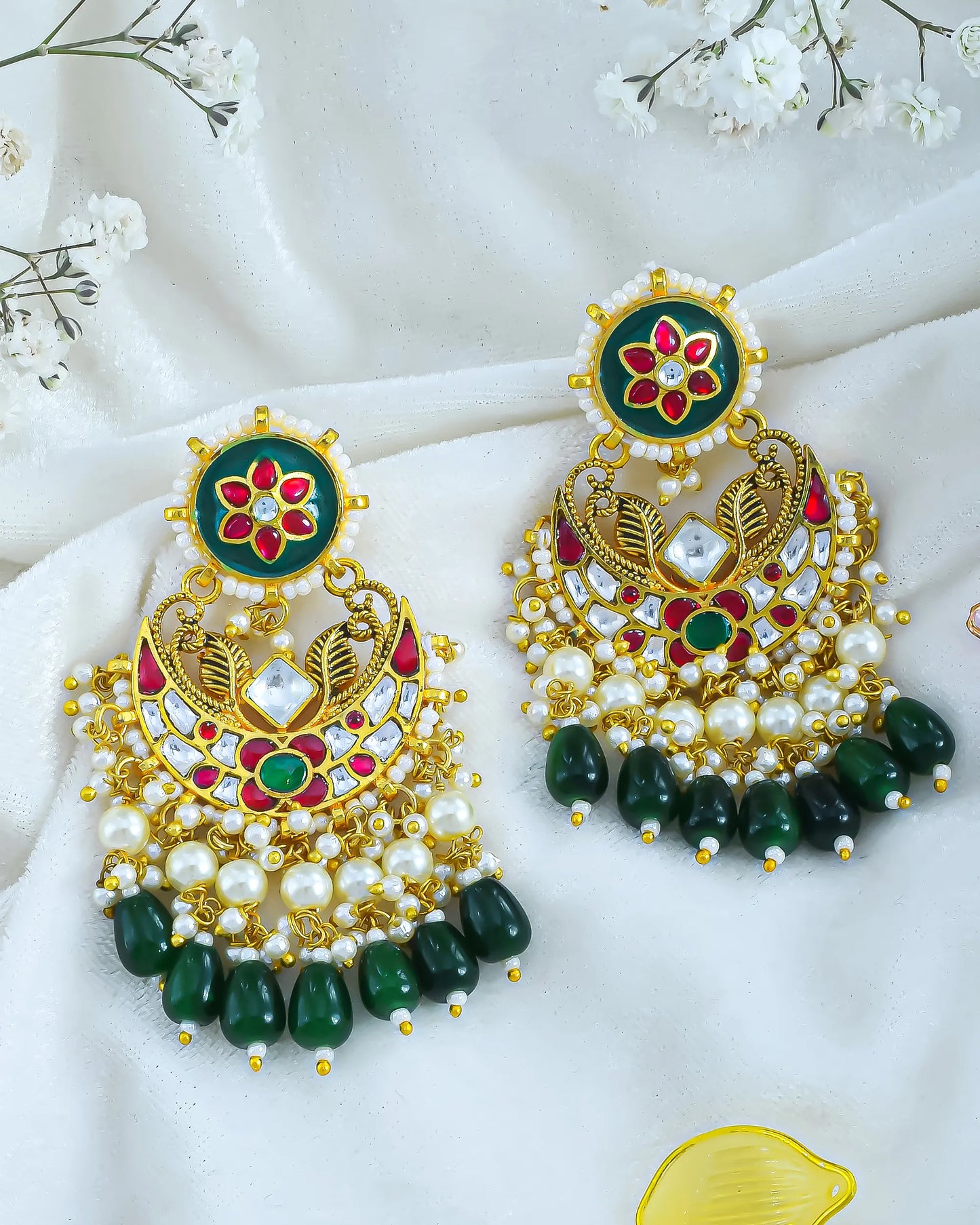 Polki Pearl and Green Drop Chandbali Earrings