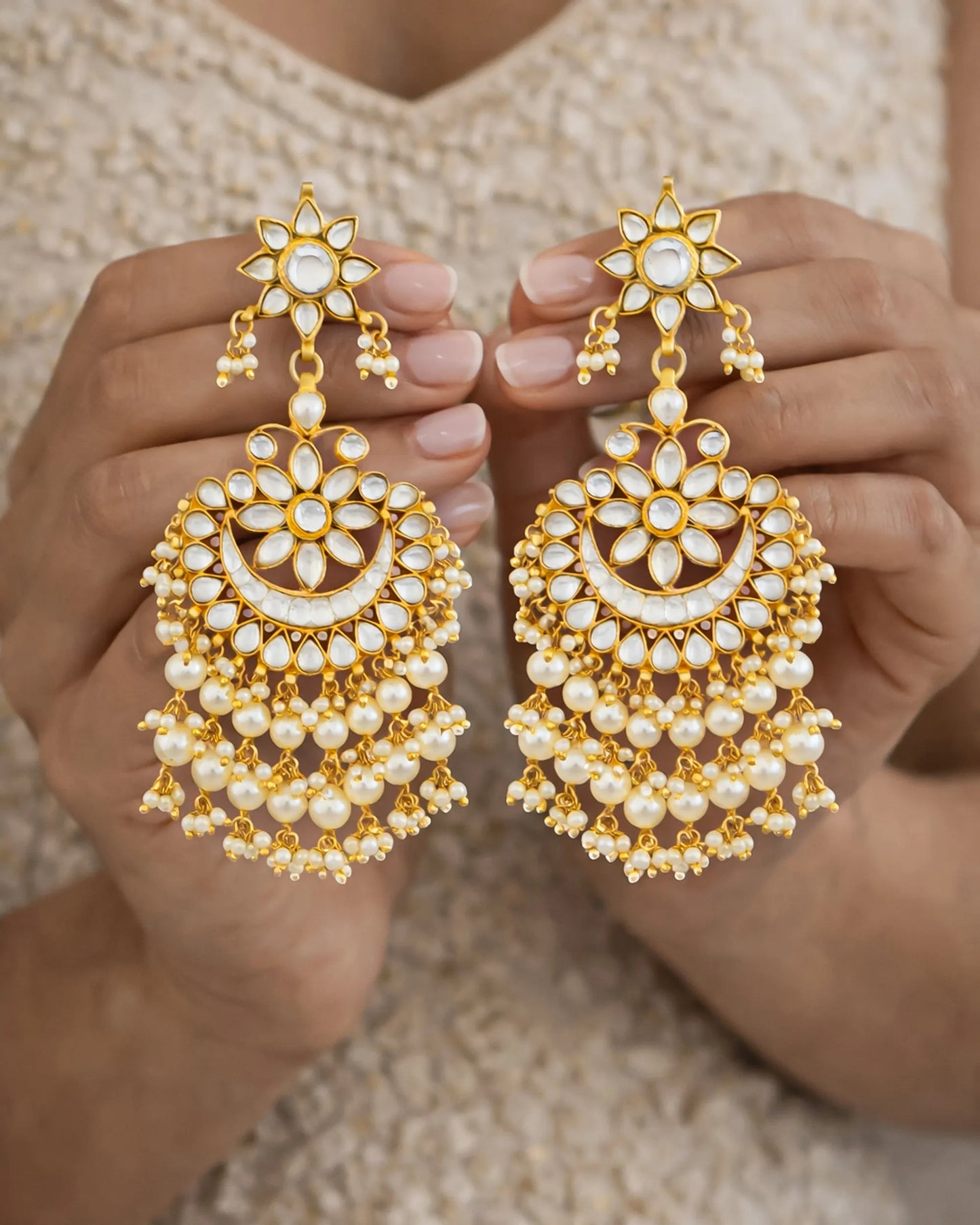 Gold Plated Kundan Chandbali Earrings with Pearl Drops