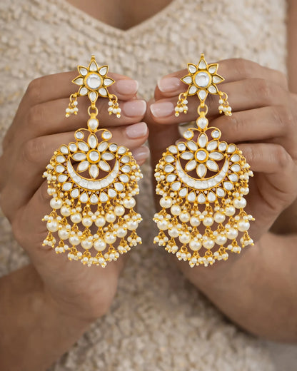 Gold Plated Kundan Chandbali Earrings with Pearl Drops
