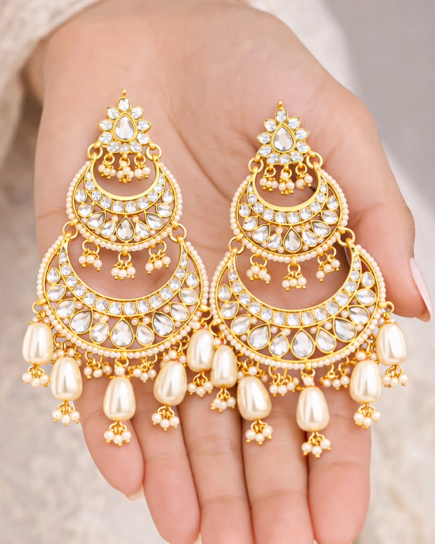 Jadau Chandbali Earrings, Polki Pearl Drop Gold Plated Jewelry