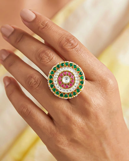 Kundan Adjustable Ring, Pearl Gold Plated Bridal Ethnic Wedding Jewelry, Festive Gift