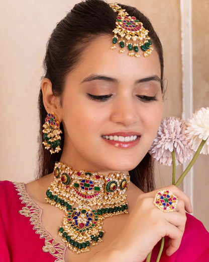 Ethnic Multicolor Kundan Choker Set – Bridal with Maang Tikka Jewelry