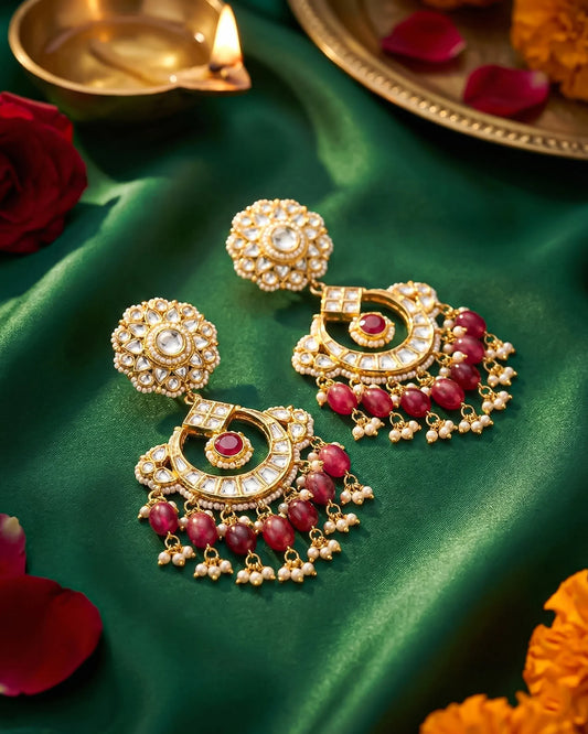 Bridal Jadau Kundan Chandbali Earrings, 18K Gold Plated Ethnic Jewelry with Pink Beads & Pearls