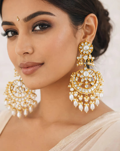 Kundan Pearl Chandbali Earrings, 18K Gold Plated Jewelry