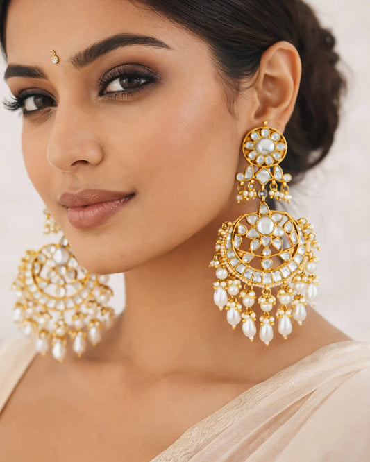 Kundan Pearl Chandbali Earrings, 18K Gold Plated Jewelry
