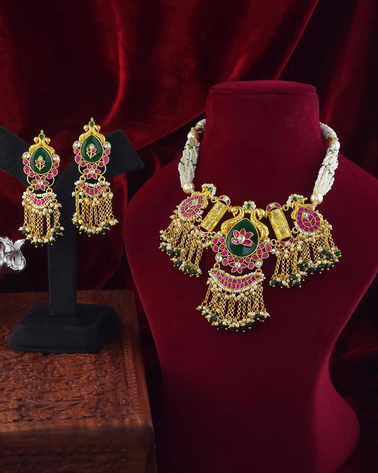 Floral Kundan Choker Set with Green and Pink Stones & Pearl Drops Jewelry