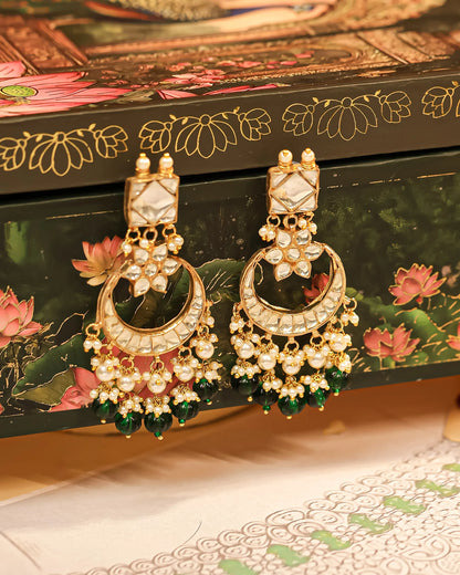 Handcrafted Kundan Choker Set, Pearl Necklace, Green Bead Earrings Jewelry