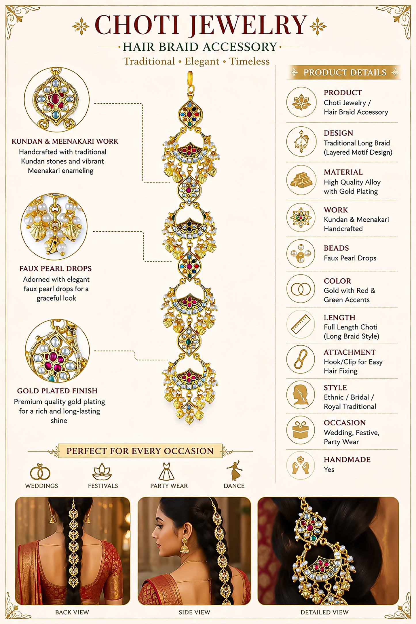 Kundan Meenakari Hair Braid Jewelry Gold Bridal Hair Accessory