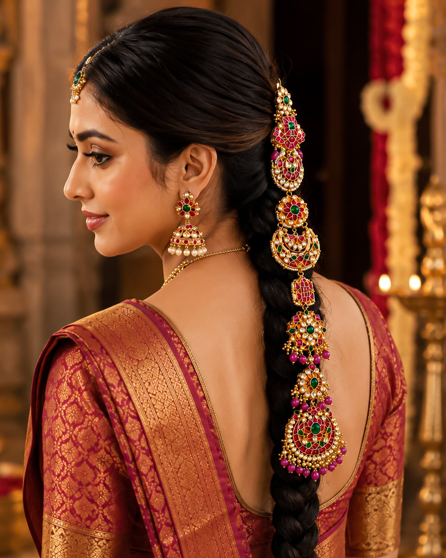 South Indian Bridal Hair Choti Jewelry Temple Kundan Accessory