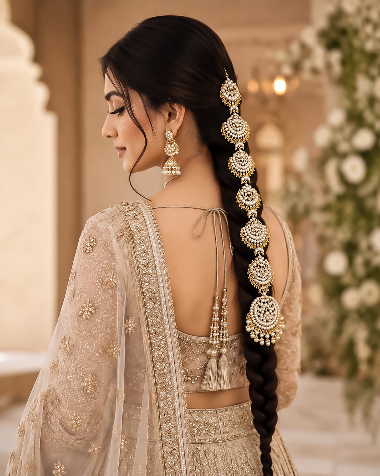 White Kundan Pearl Hair Braid Jewelry Bridal Hair Choti