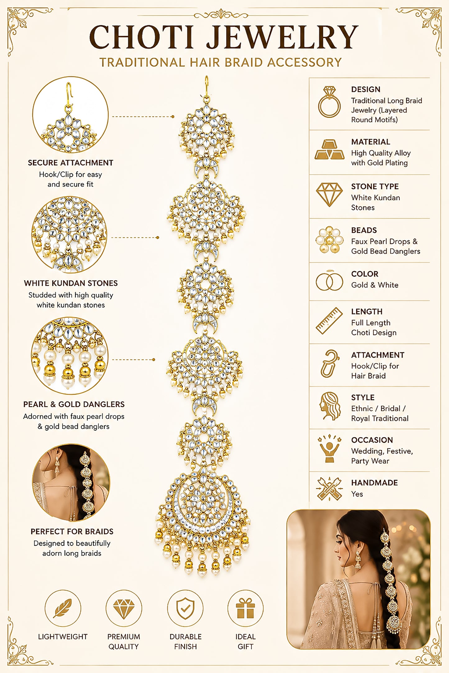 White Kundan Pearl Hair Braid Jewelry Bridal Hair Choti