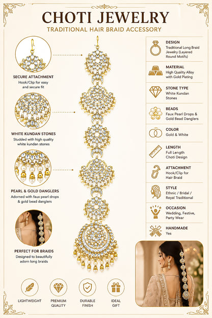 White Kundan Pearl Hair Braid Jewelry Bridal Hair Choti