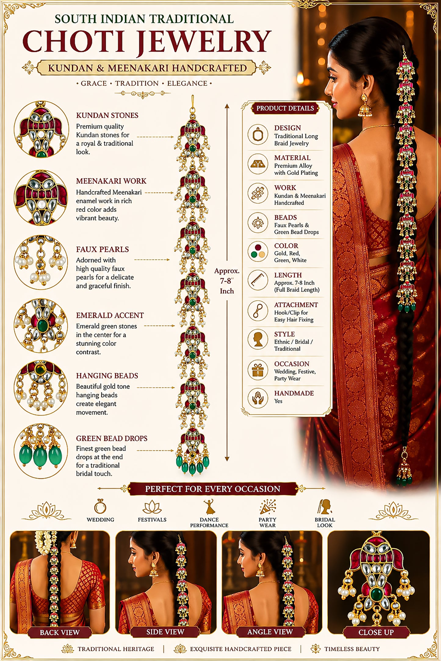 South Indian Bridal Braid Accessory Temple Hair Jewelry