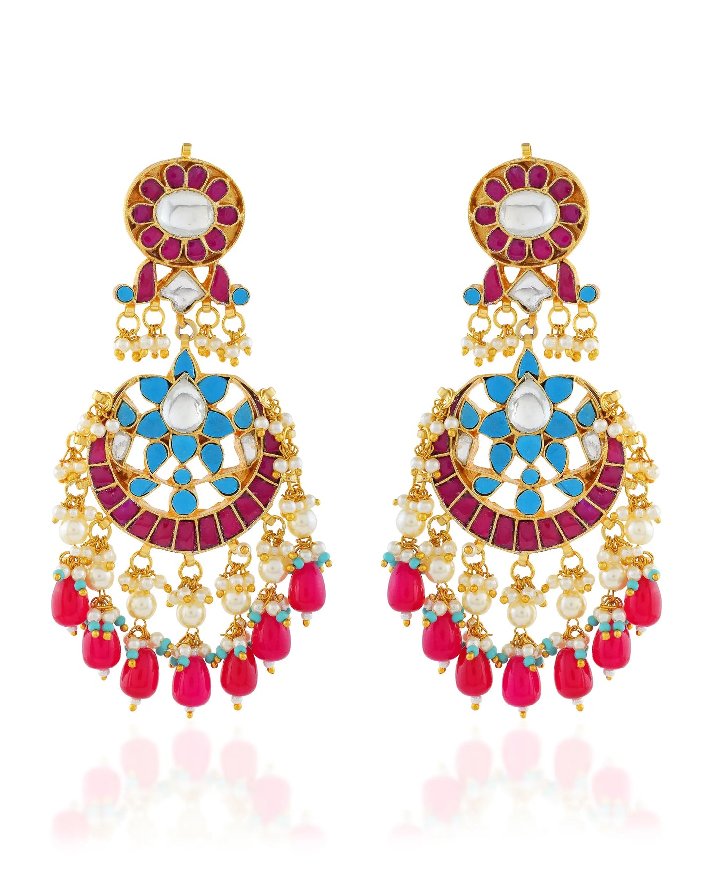 Gold-Plated Kundan Chandbali Earrings, Pearl Drop Earring Indian Jewelry