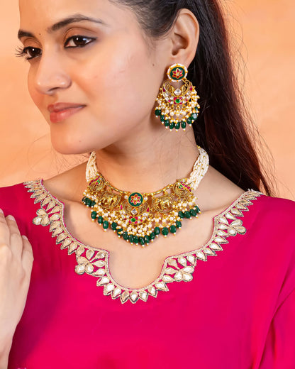 Kundan Pearl Choker Set, Multicolor Stone Necklace & Earrings, Indian Bridal Wedding Jewelry