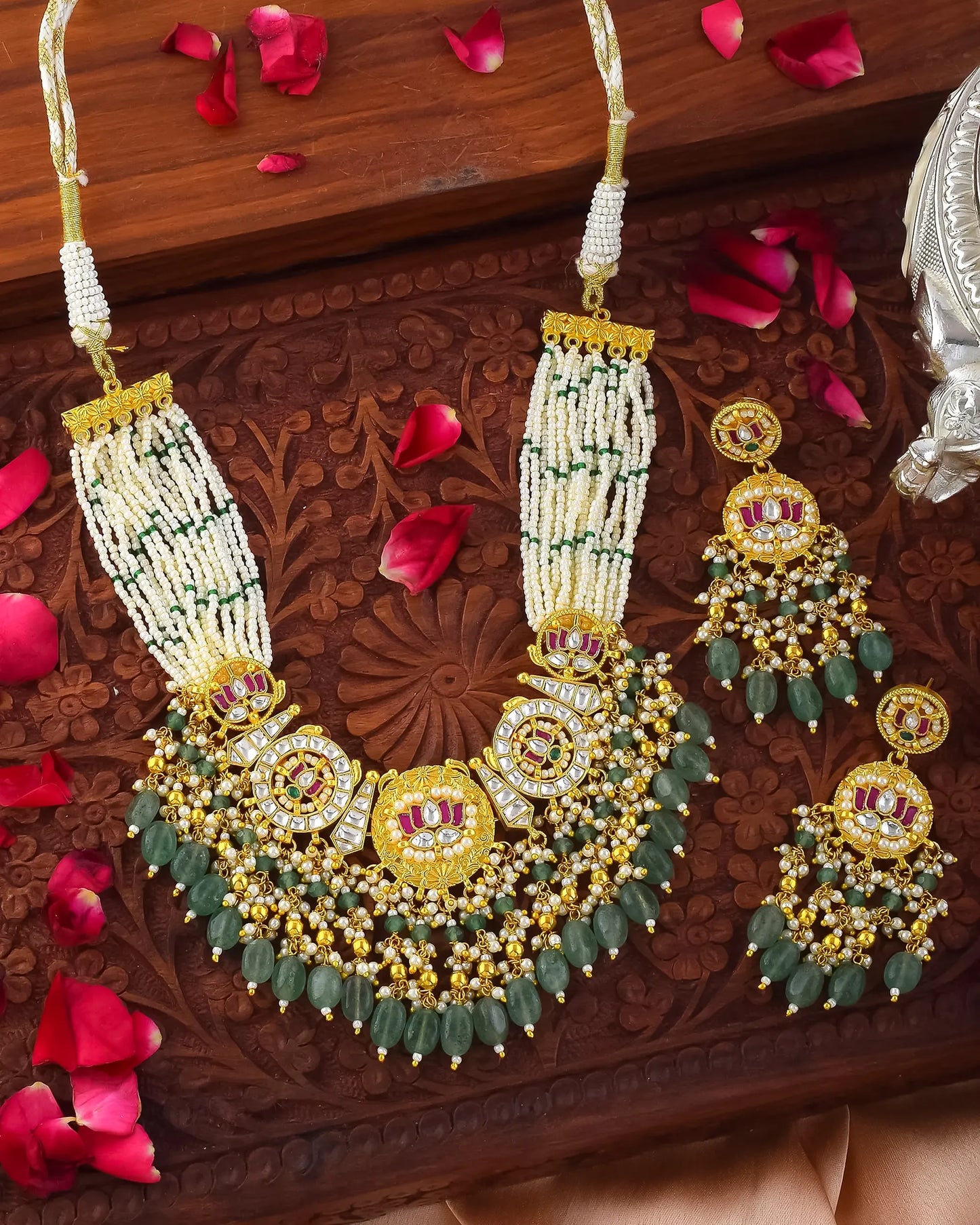Kundan Choker Necklace Set, Green Bead & Pearl Indian Wedding Jewelry