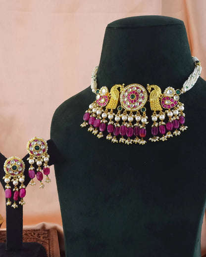 Kundan Peacock Choker Set with Pink Beads & Pearls – Ethnic Indian Jewelry