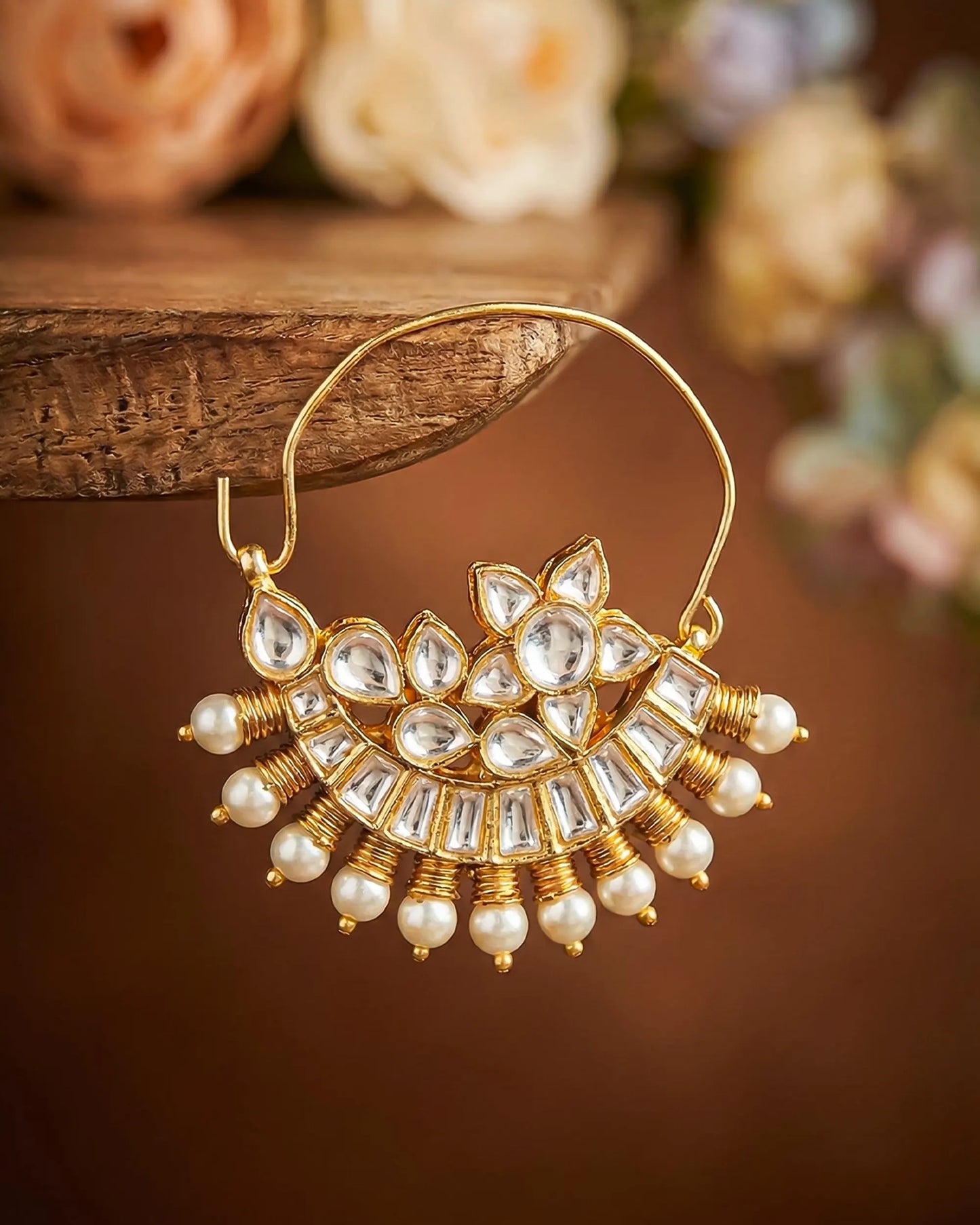 Kundan Pearl Bridal Nath – 18k Gold Plated Floral Wedding Nose Ring Jewelry