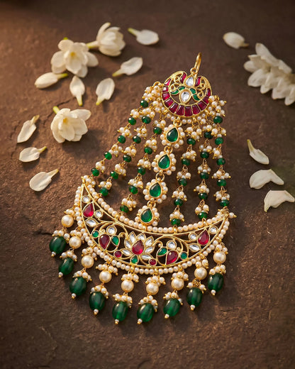 Mughal Bridal Kundan Passa – Gold-Toned Green Beads Pearl Drops Headpiece
