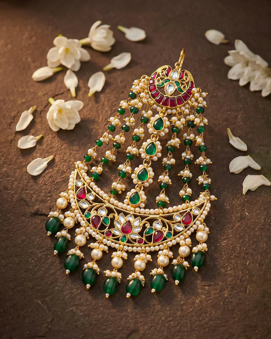 Mughal Bridal Kundan Passa – Gold-Toned Green Beads Pearl Drops Headpiece