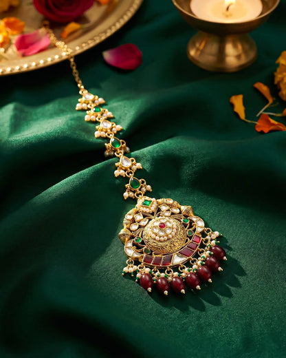 Antique Gold Kundan Maang Tikka, Red Green Pearl Bridal Forehead Jewelry