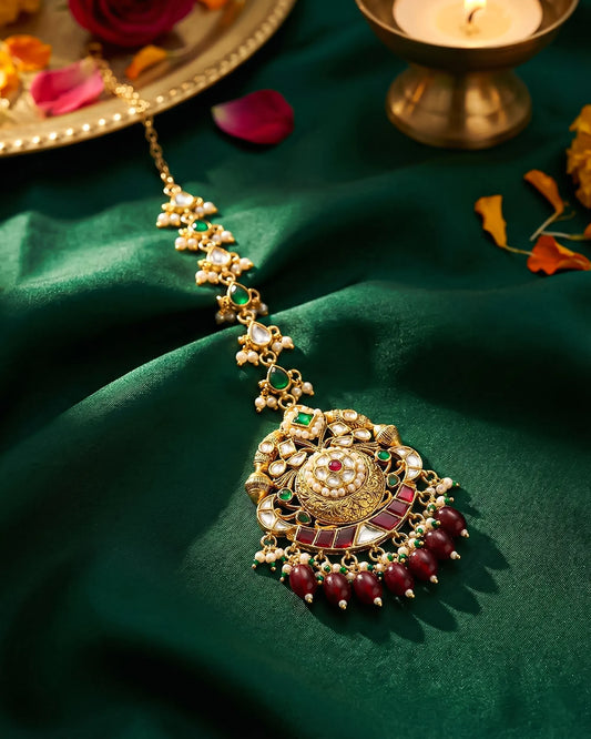 Antique Gold Kundan Maang Tikka, Red Green Pearl Bridal Forehead Jewelry