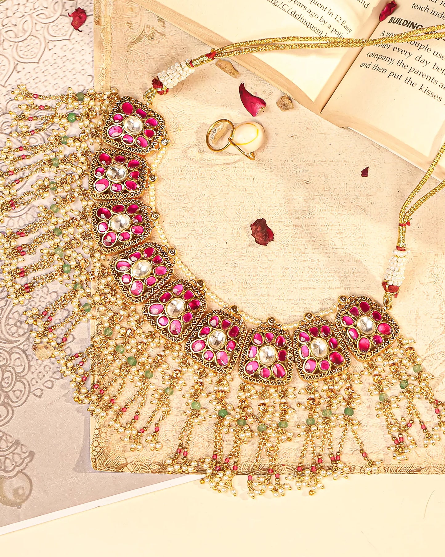 Gold Plated Pink Kundan & Pearl Choker Set Necklace Traditional Indian Jewelry