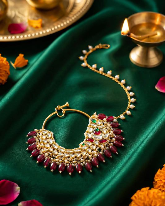 Kundan Bridal Nath – 18k Gold Plated Crescent Nose Ring with Red Beads