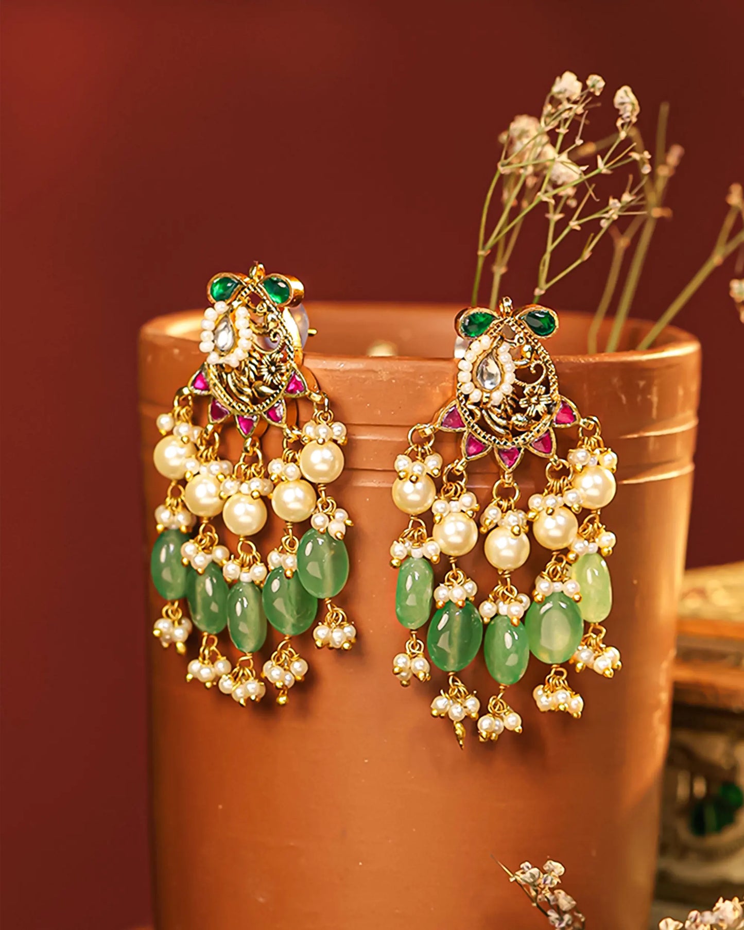 Kundan Pearl Bridal Choker Necklace Set with Green Drops Indian Jewelry