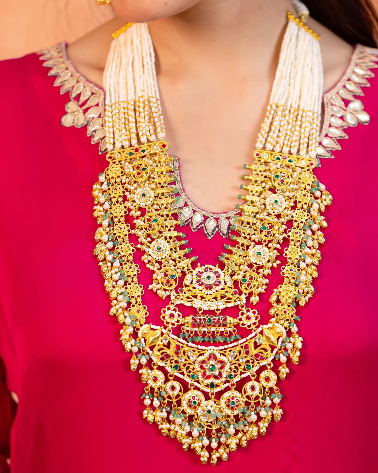 Royal Layered Kundan Pearl Choker Set, Heavy Bridal Wedding Necklace with Long Earrings