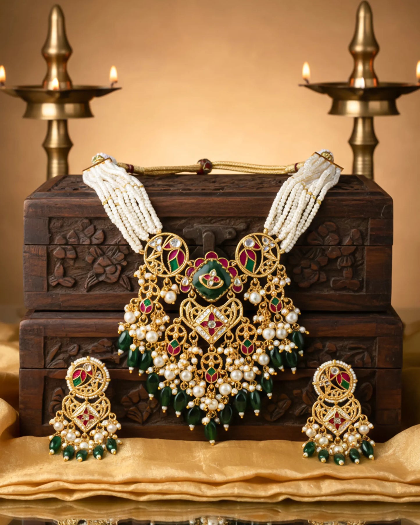 Indian Bridal Kundan Pearl Necklace Set, Gold Plated Wedding Choker, Traditional Rajasthani Earrings