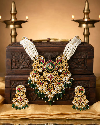 Indian Bridal Kundan Pearl Necklace Set, Gold Plated Wedding Choker, Traditional Rajasthani Earrings
