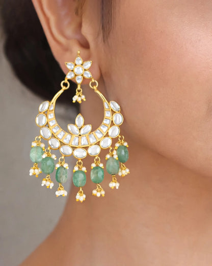 Bridal Jadau Chandbali Earrings with Pearls Green Beads
