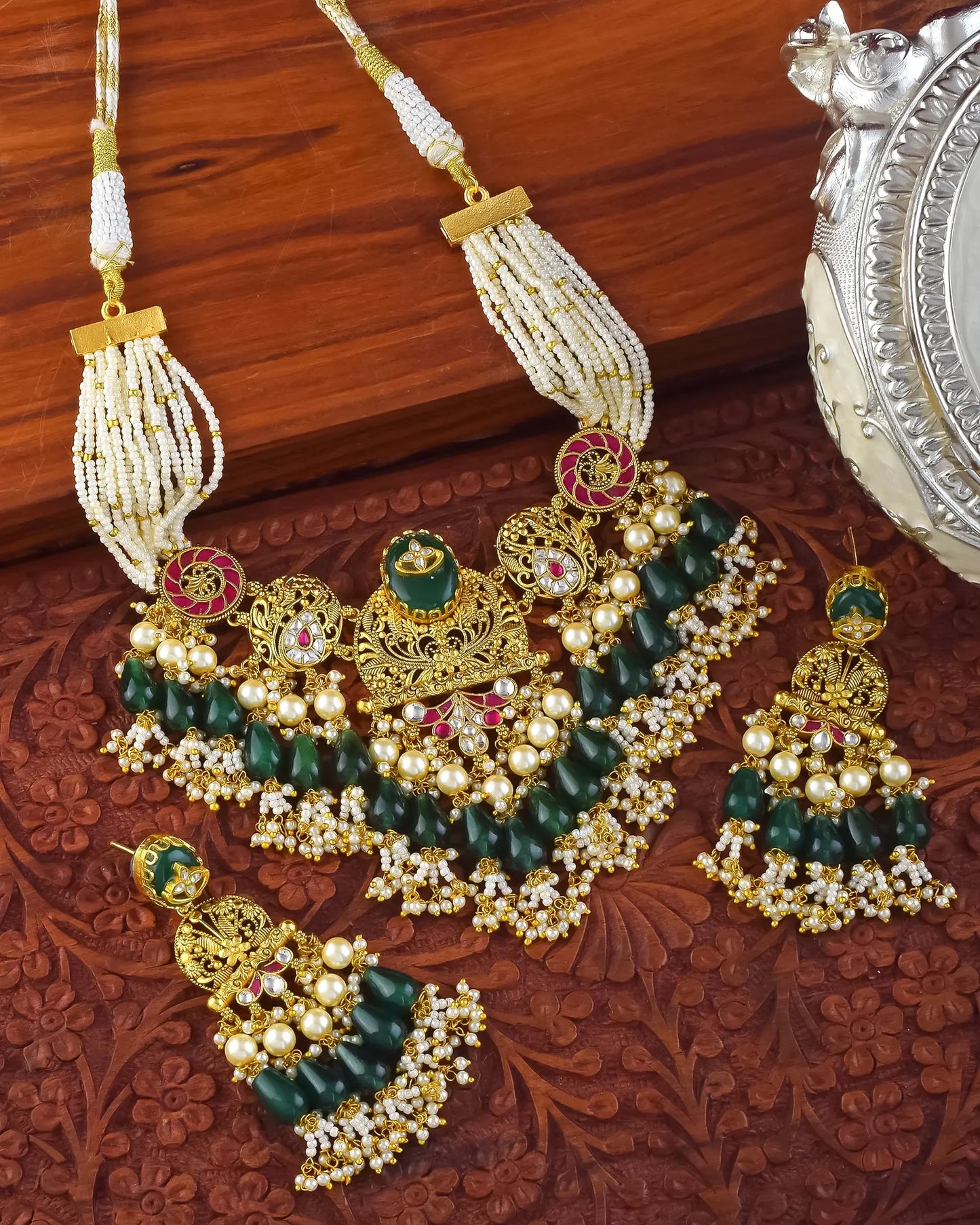 Traditional Kundan Choker Necklace with Green Beads & Pearl Layers Jewelry
