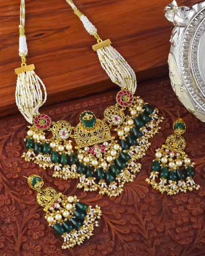 Traditional Kundan Choker Necklace with Green Beads & Pearl Layers Jewelry
