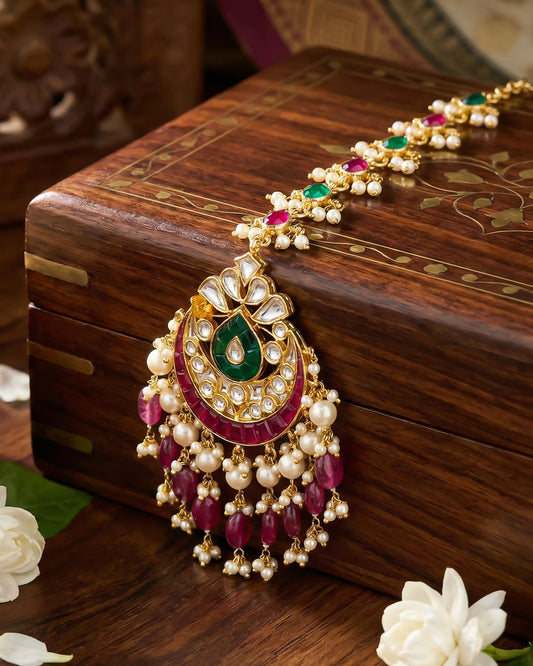 Royal Kundan Maang Tikka, Gold-Plated Pearl Forehead Jewelry, Ruby Emerald Wedding Headpiece