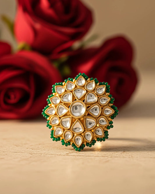 Gold-Plated Kundan Adjustable Ring for Women | Green Beaded Floral Statement Traditional Ethnic Cocktail Ring
